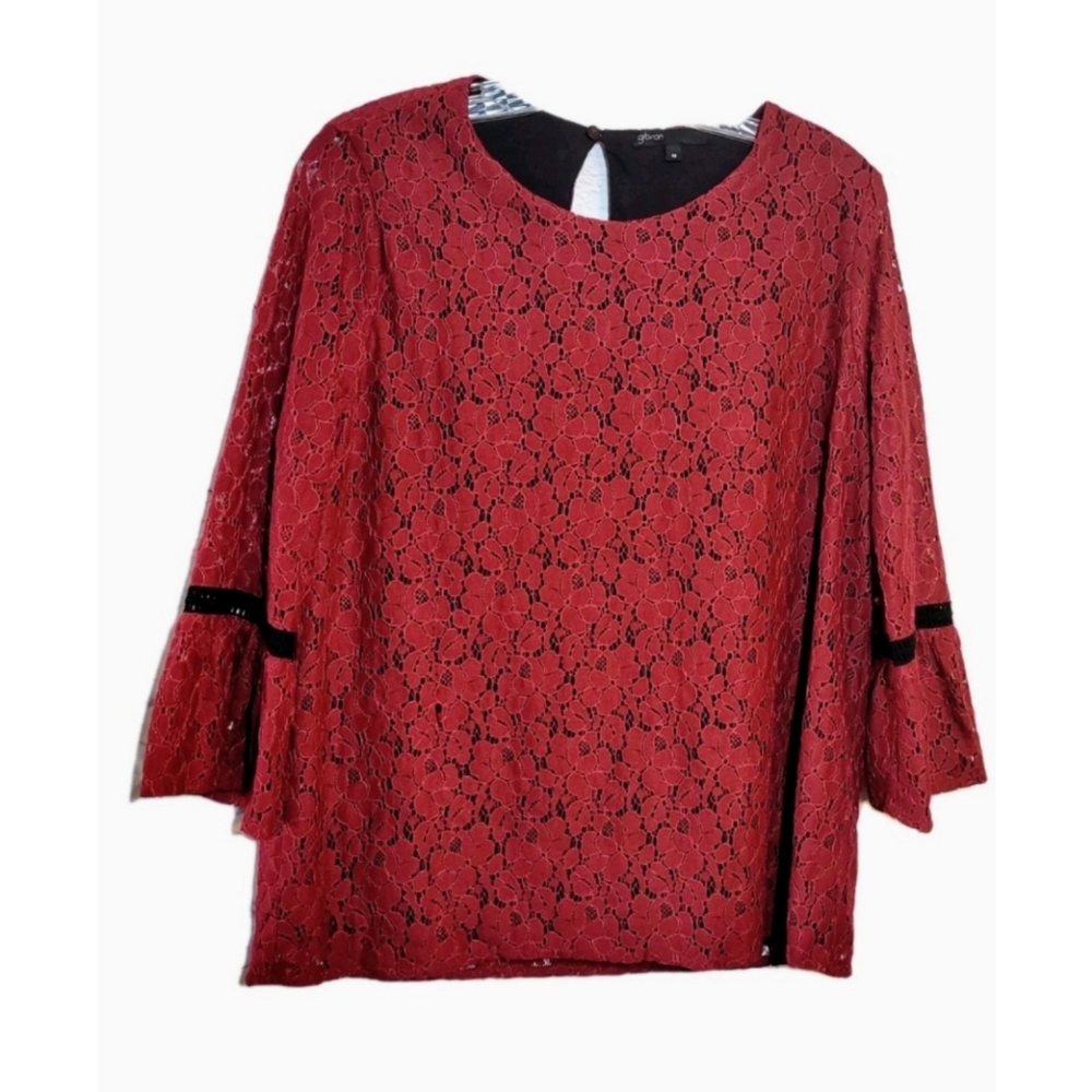Gibson Blouse Womens Size M Red Lace Overlay Bell Sleeve Black Trim Scalloped